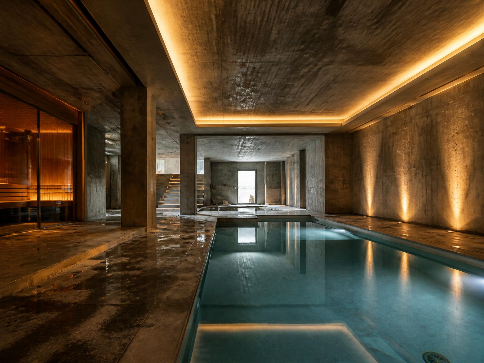 Luxusní wellness s bazénem v betonovém prostoru